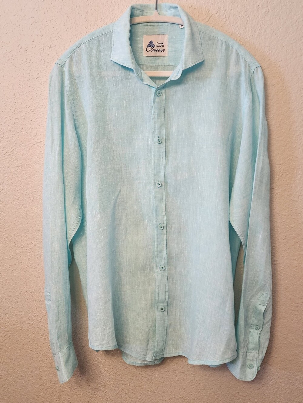 100% Linen Women's Light Aqua Blue Button-Up Long Sleeved Shirt